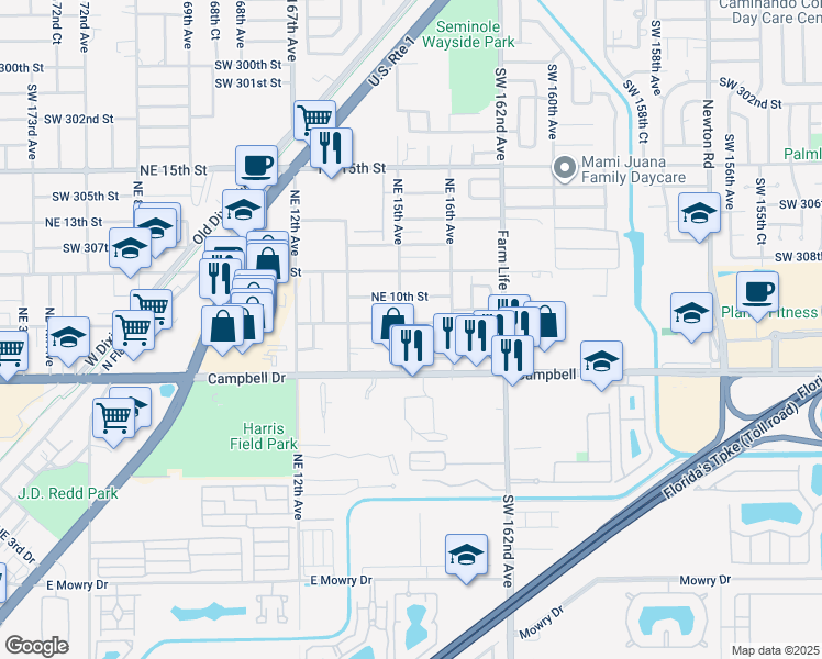map of restaurants, bars, coffee shops, grocery stores, and more near 1520 Northeast 9th Court in Homestead