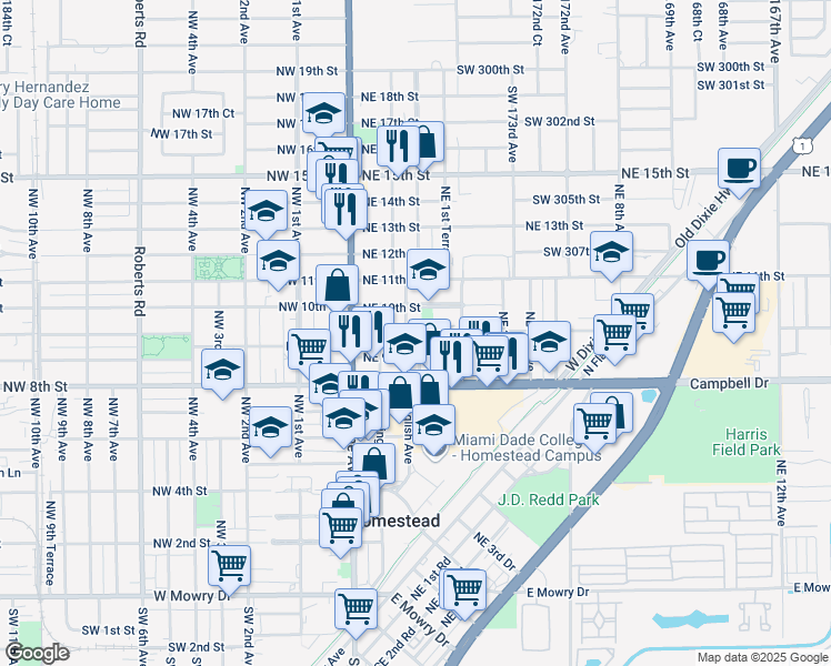 map of restaurants, bars, coffee shops, grocery stores, and more near 126 Northeast 9th Court in Homestead