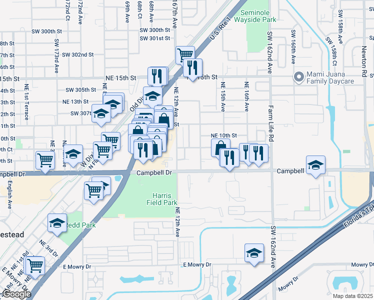 map of restaurants, bars, coffee shops, grocery stores, and more near 955 Northeast 13th Avenue in Homestead