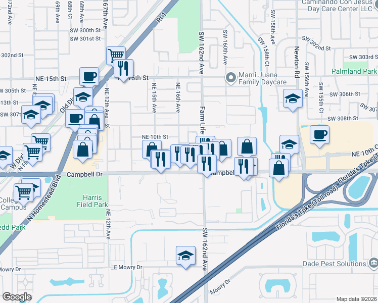 map of restaurants, bars, coffee shops, grocery stores, and more near 1660 Northeast 9th Court in Homestead