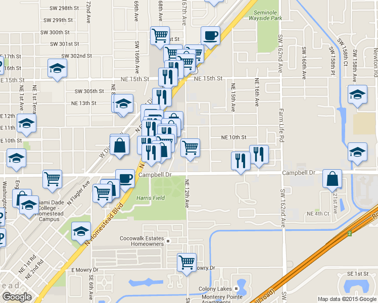map of restaurants, bars, coffee shops, grocery stores, and more near 955 Northeast 13th Avenue in Homestead