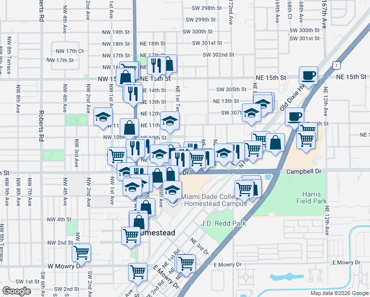map of restaurants, bars, coffee shops, grocery stores, and more near in Homestead