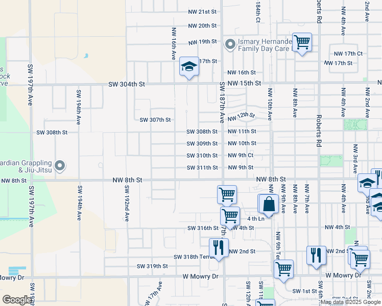 map of restaurants, bars, coffee shops, grocery stores, and more near 1615 Northwest 9th Court in Homestead
