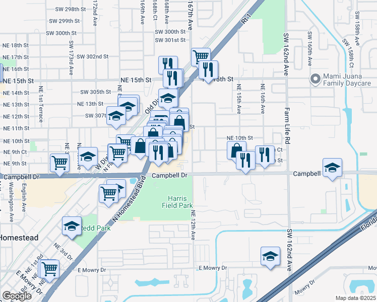 map of restaurants, bars, coffee shops, grocery stores, and more near 800 Northeast 12th Avenue in Homestead