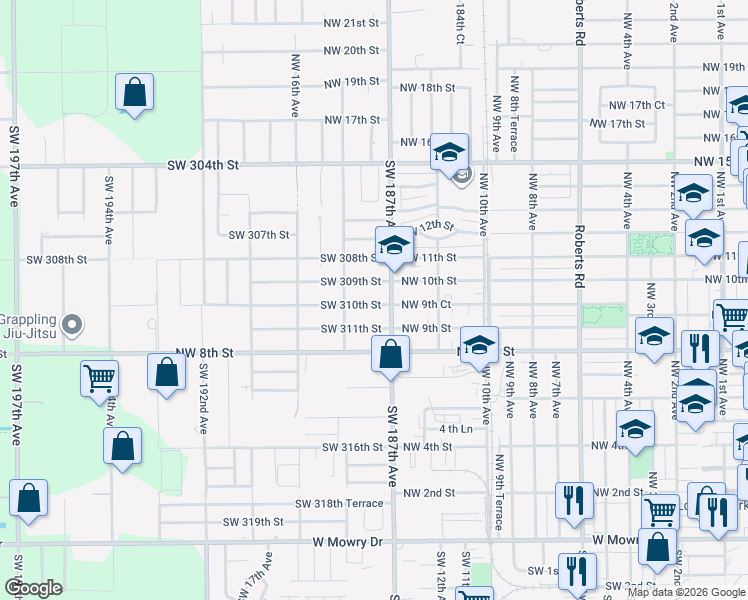 map of restaurants, bars, coffee shops, grocery stores, and more near 1425 Northwest 9th Court in Homestead