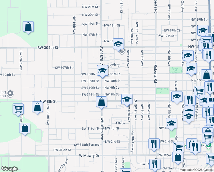 map of restaurants, bars, coffee shops, grocery stores, and more near 1321 Northwest 9th Court in Homestead