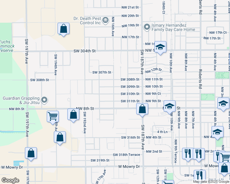 map of restaurants, bars, coffee shops, grocery stores, and more near 30951 Southwest 189th Avenue in Homestead