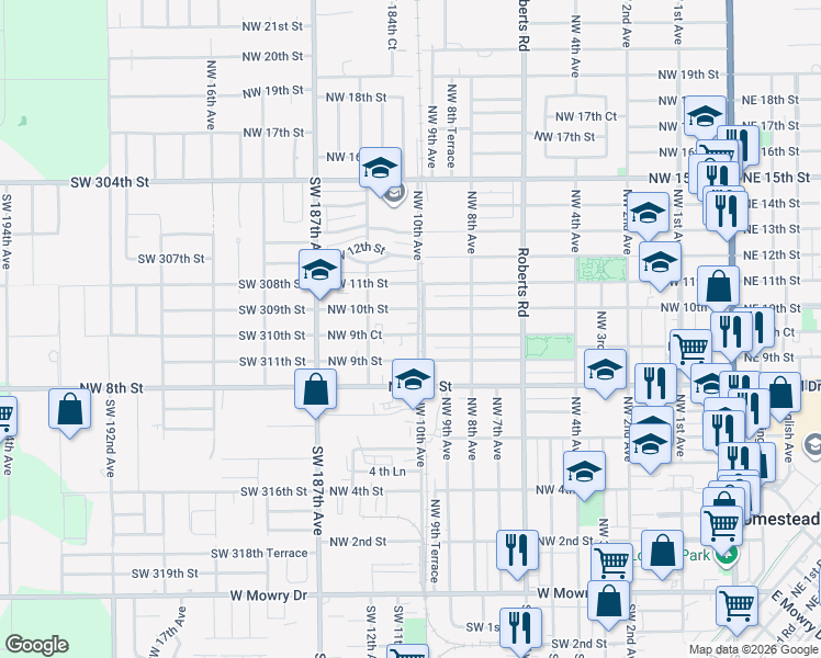 map of restaurants, bars, coffee shops, grocery stores, and more near 1013 Northwest 9th Court in Homestead