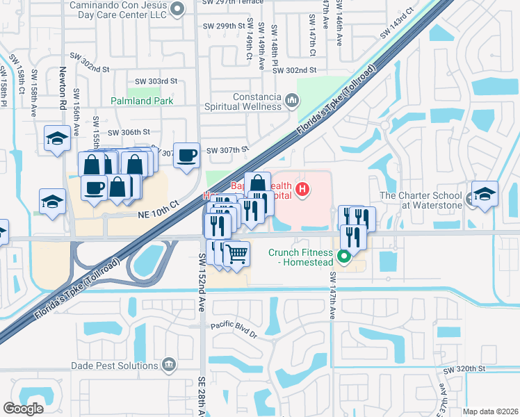 map of restaurants, bars, coffee shops, grocery stores, and more near 925 Northeast 30th Terrace in Homestead
