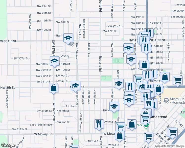 map of restaurants, bars, coffee shops, grocery stores, and more near 743 Northwest 9th Court in Homestead