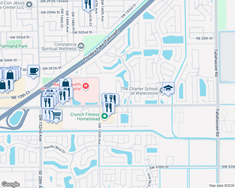 map of restaurants, bars, coffee shops, grocery stores, and more near 3398 Northeast 9th Drive in Homestead