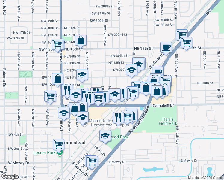 map of restaurants, bars, coffee shops, grocery stores, and more near 949 Northeast 4th Avenue in Homestead