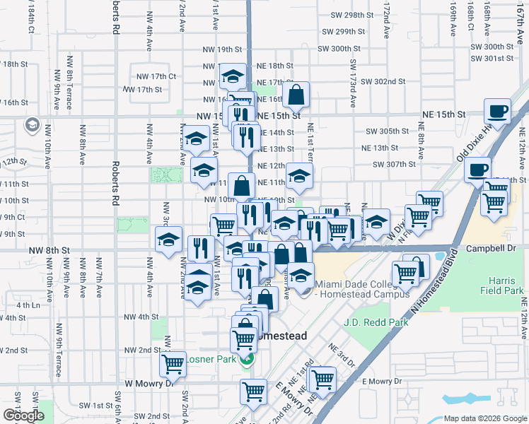 map of restaurants, bars, coffee shops, grocery stores, and more near 45 Northeast 9th Court in Homestead