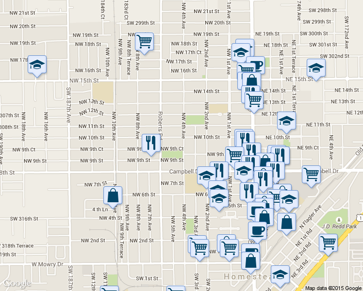 map of restaurants, bars, coffee shops, grocery stores, and more near 421 Northwest 9th Court in Homestead