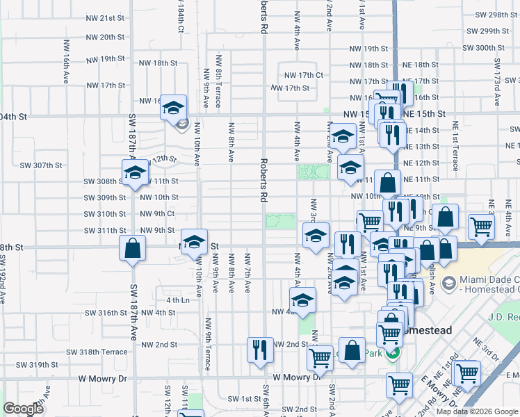 map of restaurants, bars, coffee shops, grocery stores, and more near 937 Roberts Road in Homestead