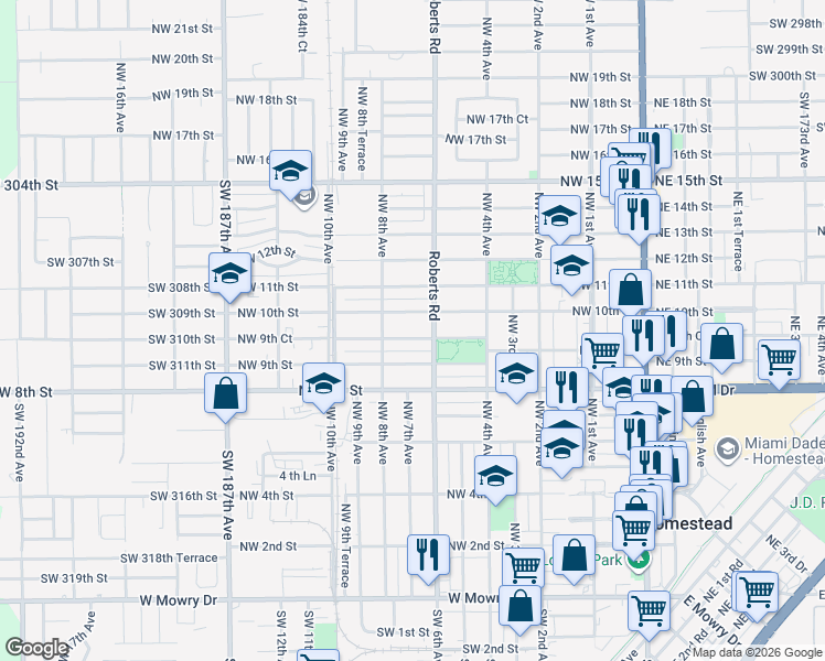 map of restaurants, bars, coffee shops, grocery stores, and more near 743 Northwest 9th Court in Homestead