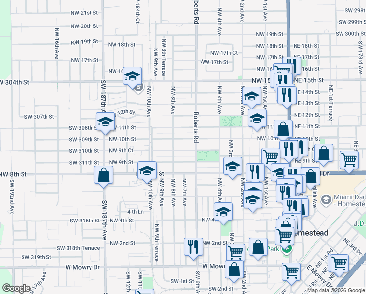 map of restaurants, bars, coffee shops, grocery stores, and more near 743 Northwest 9th Court in Homestead