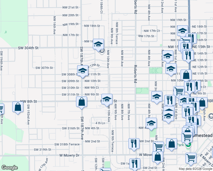 map of restaurants, bars, coffee shops, grocery stores, and more near 1013 Northwest 9th Court in Homestead