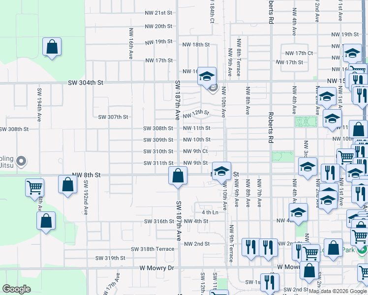 map of restaurants, bars, coffee shops, grocery stores, and more near 1321 Northwest 9th Court in Homestead