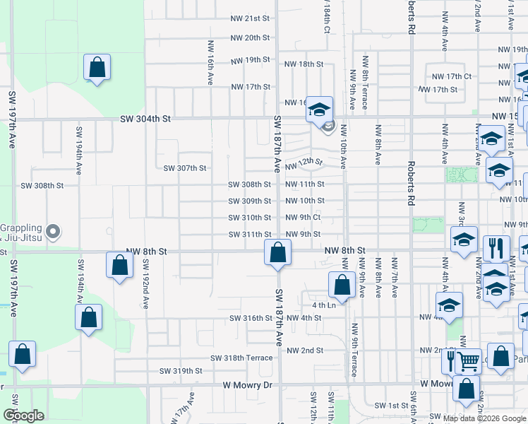 map of restaurants, bars, coffee shops, grocery stores, and more near 1425 Northwest 9th Court in Homestead