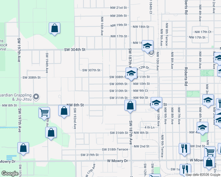 map of restaurants, bars, coffee shops, grocery stores, and more near 1615 Northwest 9th Court in Homestead