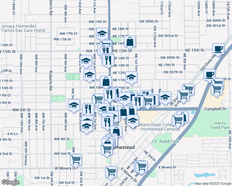 map of restaurants, bars, coffee shops, grocery stores, and more near 45 Northeast 9th Court in Homestead