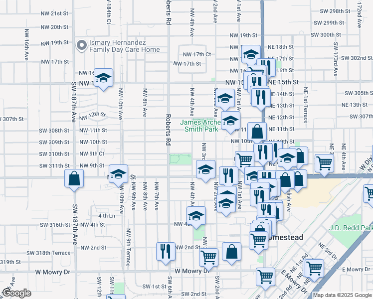 map of restaurants, bars, coffee shops, grocery stores, and more near 421 Northwest 9th Court in Homestead