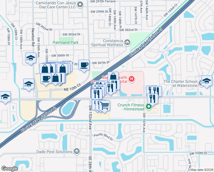 map of restaurants, bars, coffee shops, grocery stores, and more near 925 Northeast 30th Terrace in Homestead