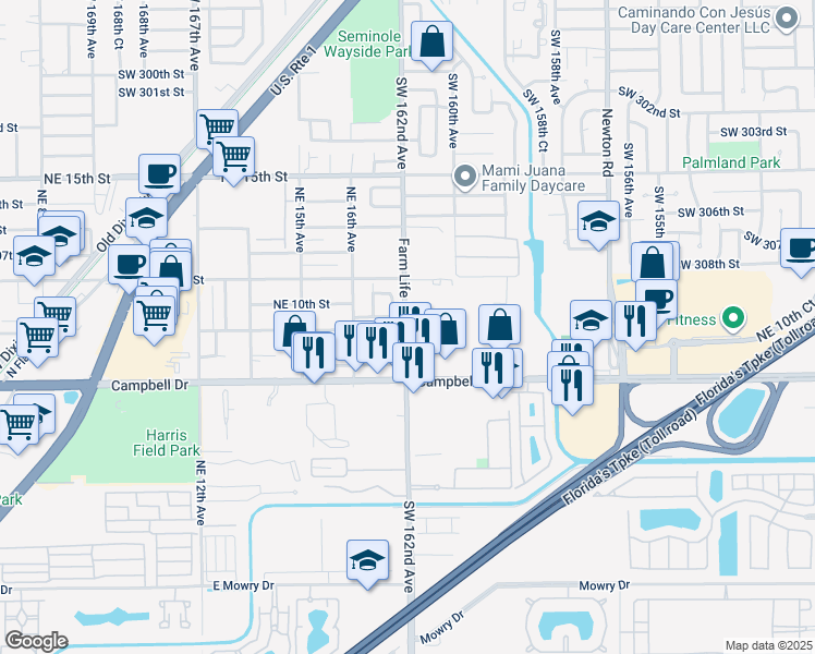 map of restaurants, bars, coffee shops, grocery stores, and more near 975 Southwest 162nd Avenue in Homestead