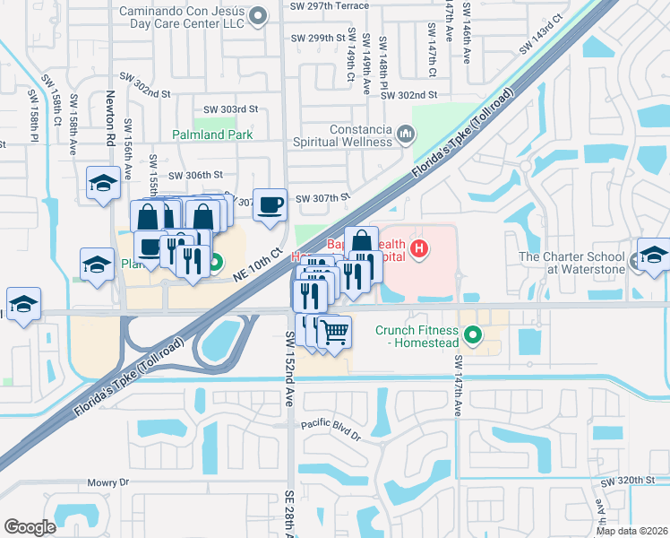 map of restaurants, bars, coffee shops, grocery stores, and more near 1000 Northeast 30th Avenue in Homestead