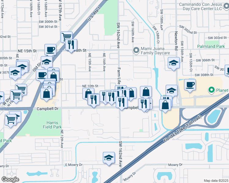 map of restaurants, bars, coffee shops, grocery stores, and more near 1660 Northeast 9th Court in Homestead