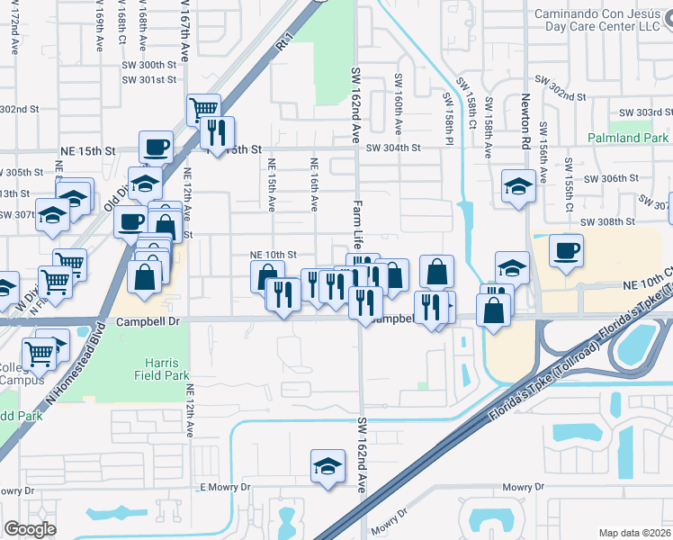 map of restaurants, bars, coffee shops, grocery stores, and more near 1660 Northeast 9th Court in Homestead