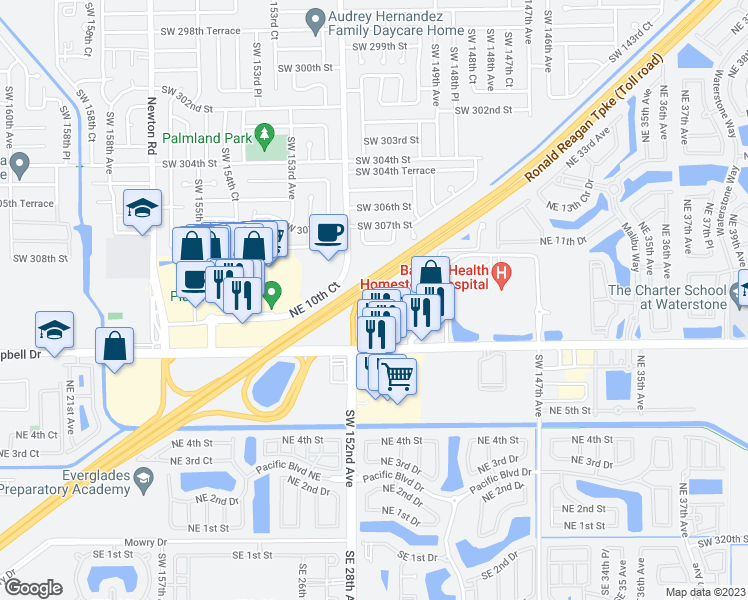 map of restaurants, bars, coffee shops, grocery stores, and more near 950 Northeast 29th Terrace in Homestead