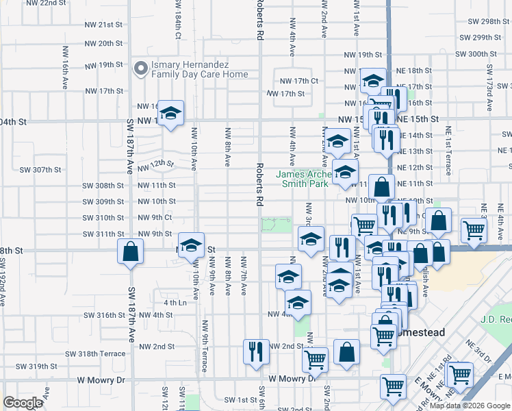 map of restaurants, bars, coffee shops, grocery stores, and more near 937 Roberts Road in Homestead