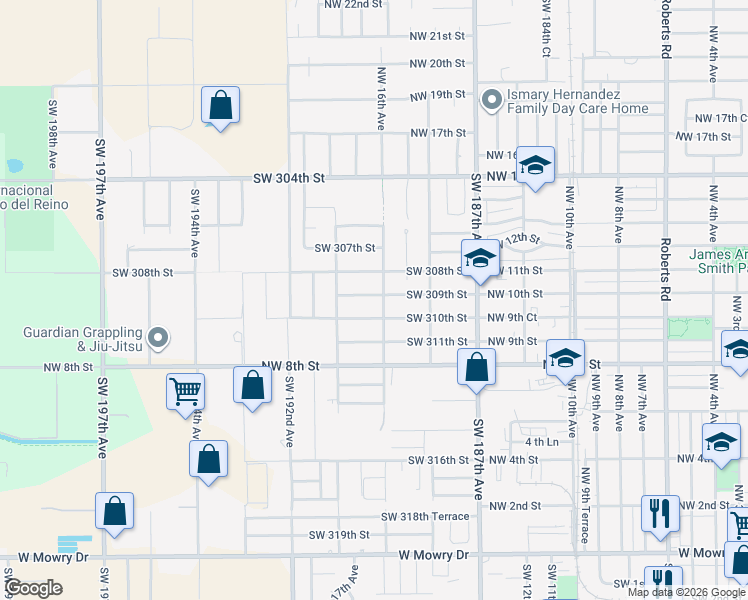 map of restaurants, bars, coffee shops, grocery stores, and more near 30951 Southwest 189th Avenue in Homestead