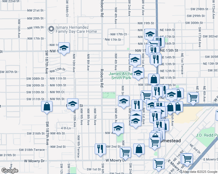 map of restaurants, bars, coffee shops, grocery stores, and more near 421 Northwest 9th Court in Homestead