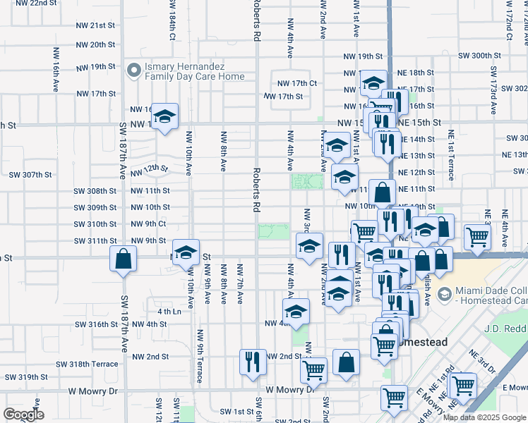 map of restaurants, bars, coffee shops, grocery stores, and more near 937 Roberts Road in Homestead