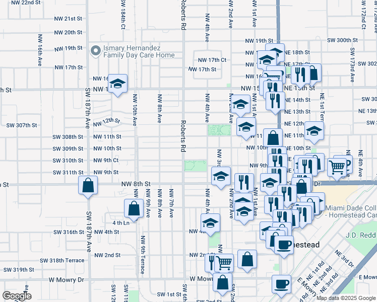 map of restaurants, bars, coffee shops, grocery stores, and more near 937 Roberts Road in Homestead