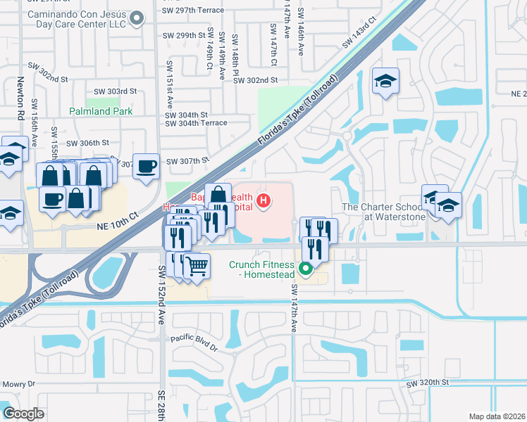 map of restaurants, bars, coffee shops, grocery stores, and more near 975 Baptist Way in Homestead