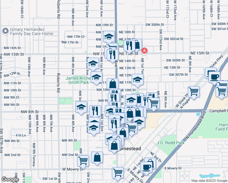 map of restaurants, bars, coffee shops, grocery stores, and more near 930 North Krome Avenue in Homestead