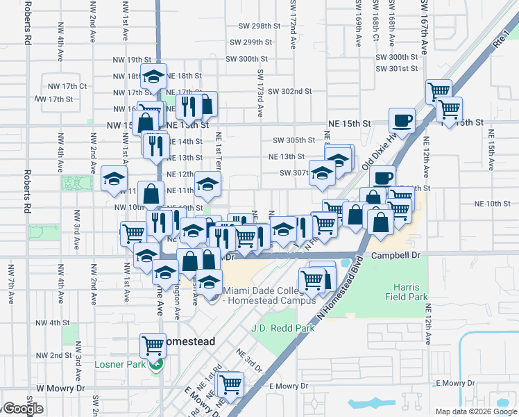 map of restaurants, bars, coffee shops, grocery stores, and more near 1008 Northeast 3rd Avenue in Homestead