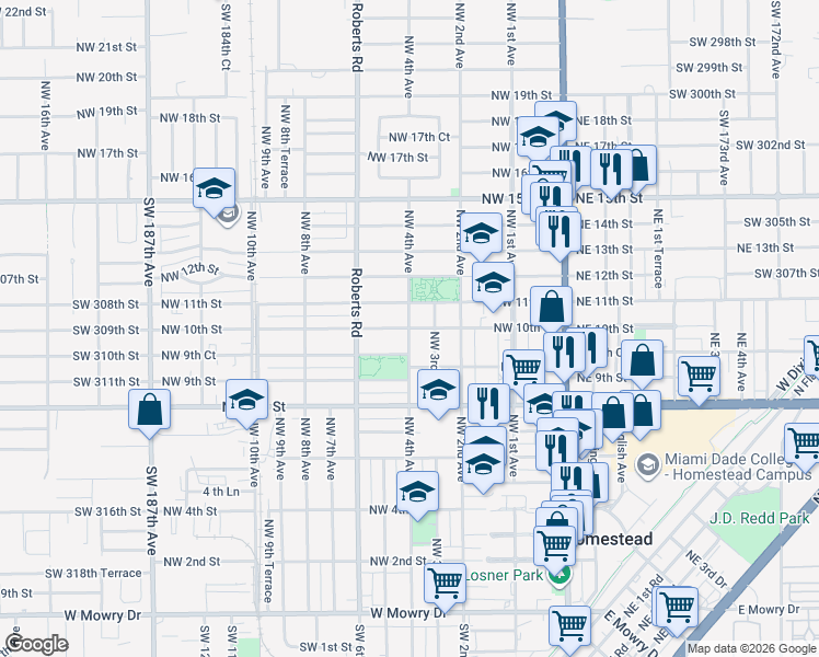map of restaurants, bars, coffee shops, grocery stores, and more near 422 Northwest 11th Street in Homestead
