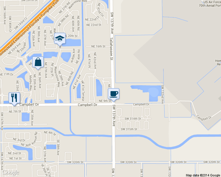 map of restaurants, bars, coffee shops, grocery stores, and more near 1045 Northeast 42nd Place in Homestead