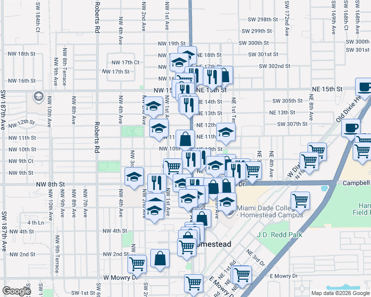 map of restaurants, bars, coffee shops, grocery stores, and more near 1020 North Krome Avenue in Homestead