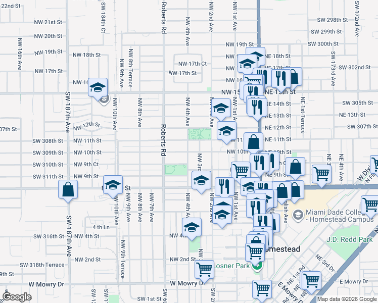 map of restaurants, bars, coffee shops, grocery stores, and more near 422 Northwest 11th Street in Homestead