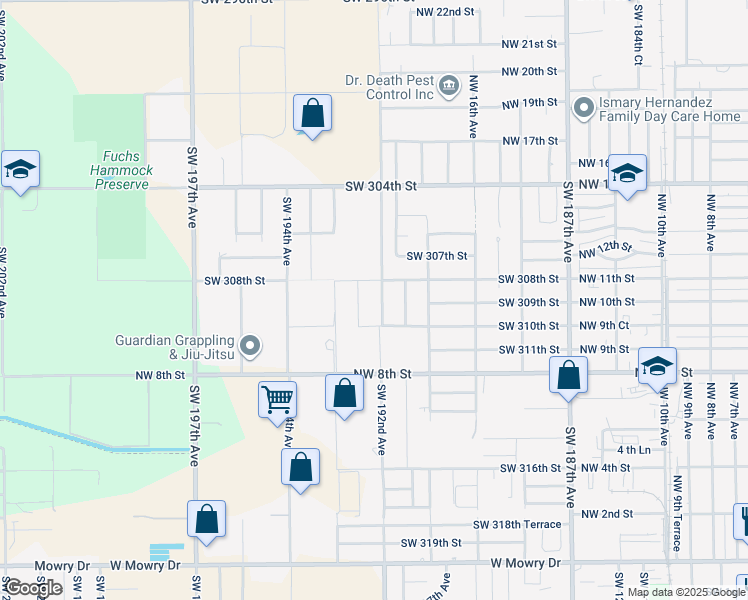 map of restaurants, bars, coffee shops, grocery stores, and more near 30821 Southwest 192nd Avenue in Homestead