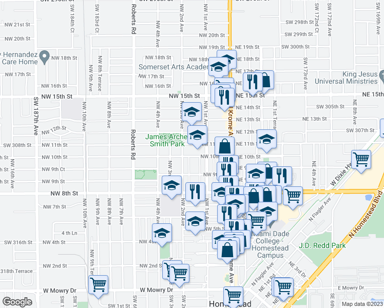 map of restaurants, bars, coffee shops, grocery stores, and more near 155 Northwest 10th Street in Homestead
