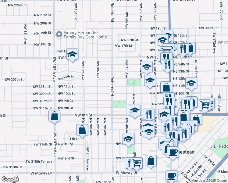 map of restaurants, bars, coffee shops, grocery stores, and more near 1044 Roberts Road in Homestead