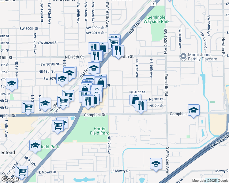 map of restaurants, bars, coffee shops, grocery stores, and more near 1020 Northeast 13th Avenue in Homestead
