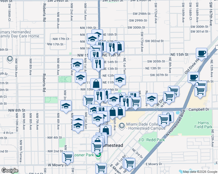 map of restaurants, bars, coffee shops, grocery stores, and more near 36 Northeast 11th Street in Homestead